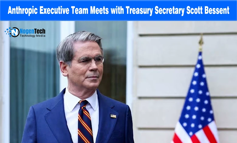 Treasury Secretary Scott Bessent standing next to an American flag on an AI policy news banner for nogentech.org.