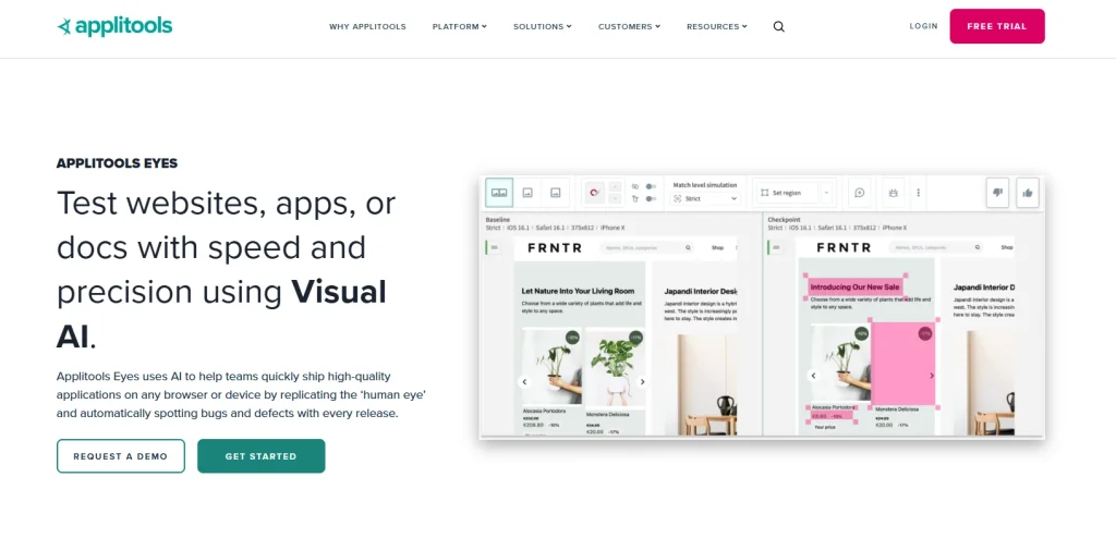 Screenshot of Applitools Eyes homepage