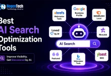 Illustration of the best AI search optimization tools for improving AI visibility, local SEO, technical SEO, and WordPress optimization.