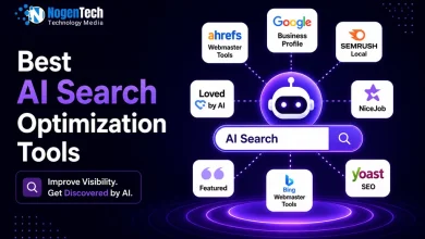 Illustration of the best AI search optimization tools for improving AI visibility, local SEO, technical SEO, and WordPress optimization.