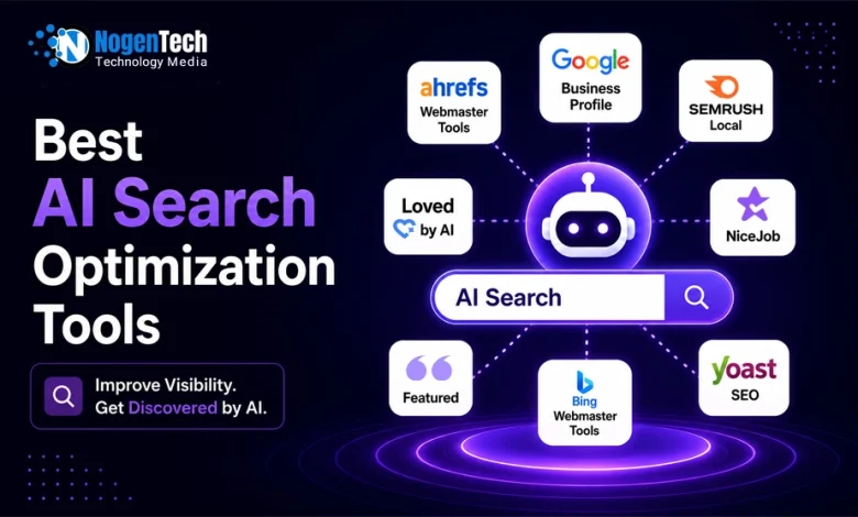 Illustration of the best AI search optimization tools for improving AI visibility, local SEO, technical SEO, and WordPress optimization.