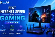 Gaming setup showing the best internet speed for gaming in 2026, featuring low ping, WiFi 6/7 connectivity, and recommended Mbps for PC, PS5, and Xbox gaming.
