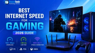 Gaming setup showing the best internet speed for gaming in 2026, featuring low ping, WiFi 6/7 connectivity, and recommended Mbps for PC, PS5, and Xbox gaming.