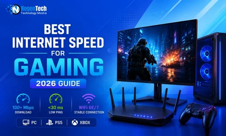 Gaming setup showing the best internet speed for gaming in 2026, featuring low ping, WiFi 6/7 connectivity, and recommended Mbps for PC, PS5, and Xbox gaming.