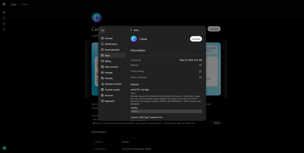 Screenshot while connecting Canva's connector with ChatGPT by NogenTech