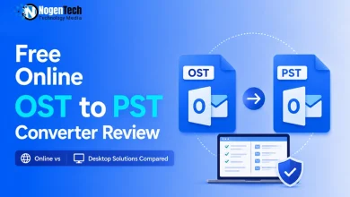Free Online OST to PST Converter Review software guide banner for NogenTech.