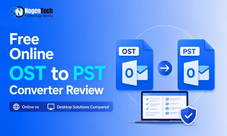 Free Online OST to PST Converter Review software guide banner for NogenTech.