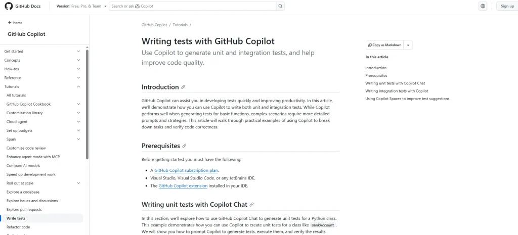 Screenshot of GitHub Copilot (for Testing) homepage