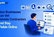 Business owner reviewing a remote contractor profile on a laptop with online verification, AI insights, and search visibility icons illustrating contractor vetting and digital presence.