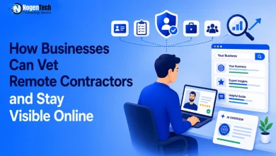 Business owner reviewing a remote contractor profile on a laptop with online verification, AI insights, and search visibility icons illustrating contractor vetting and digital presence.