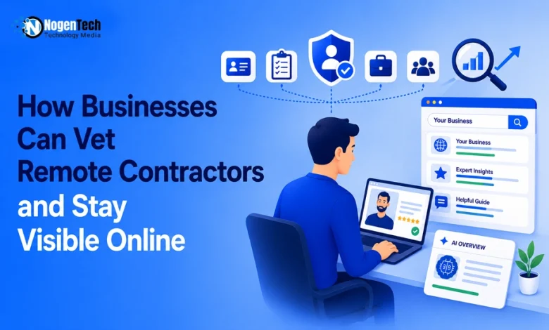 Business owner reviewing a remote contractor profile on a laptop with online verification, AI insights, and search visibility icons illustrating contractor vetting and digital presence.