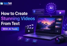 A laptop showing a video editing timeline with floating clapperboard and media icons on an AI video generation guide for nogentech.org.