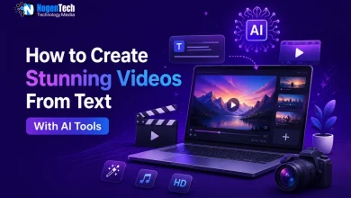 A laptop showing a video editing timeline with floating clapperboard and media icons on an AI video generation guide for nogentech.org.
