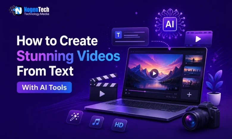 A laptop showing a video editing timeline with floating clapperboard and media icons on an AI video generation guide for nogentech.org.