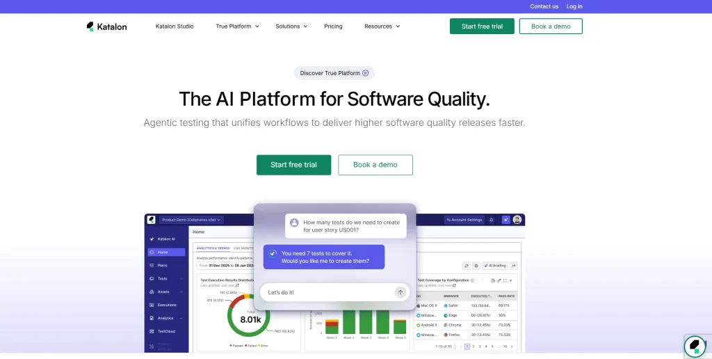 Screenshot of the Katalon homepage