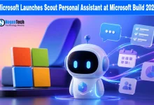 A friendly white AI assistant robot next to the Microsoft logo and floating office productivity icons on a tech news banner for nogentech.org.