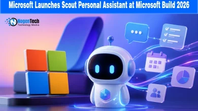 A friendly white AI assistant robot next to the Microsoft logo and floating office productivity icons on a tech news banner for nogentech.org.