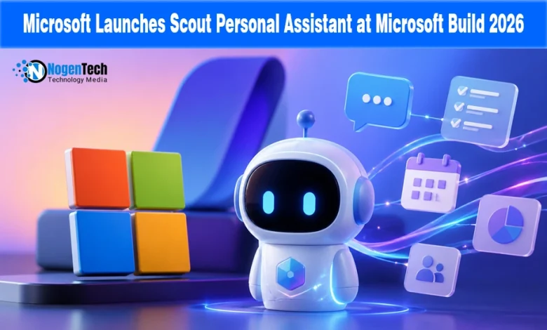 A friendly white AI assistant robot next to the Microsoft logo and floating office productivity icons on a tech news banner for nogentech.org.