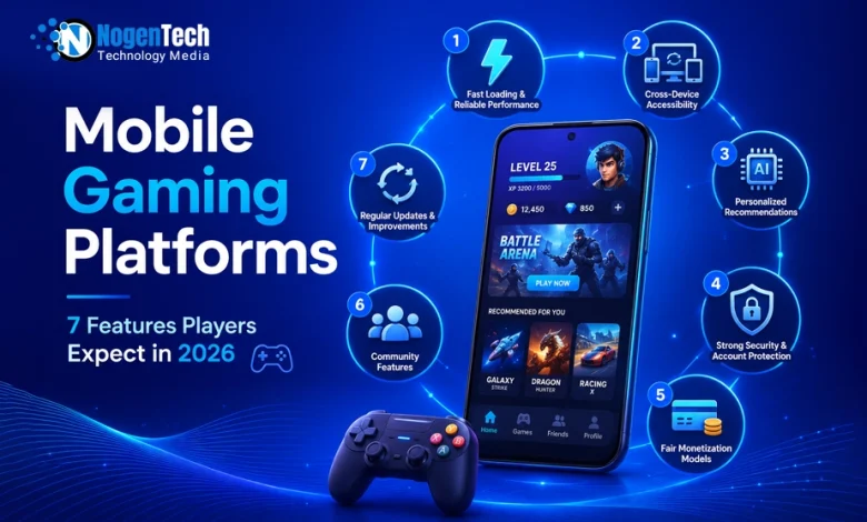 Mobile Gaming Platforms 7 features players expect in 2026 infographic for NogenTech.