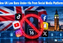 Graphic showing a smartphone with a ban symbol and social media logos against a UK flag backdrop.