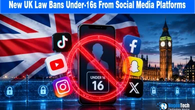 Graphic showing a smartphone with a ban symbol and social media logos against a UK flag backdrop.