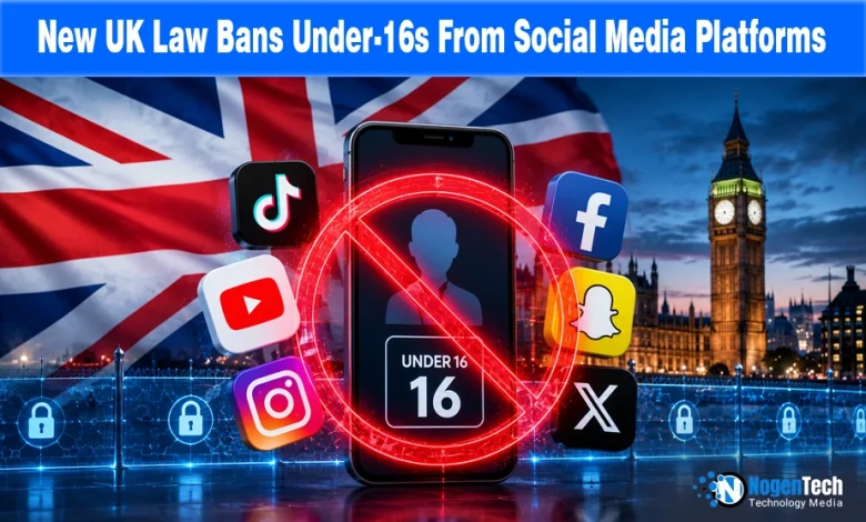 Graphic showing a smartphone with a ban symbol and social media logos against a UK flag backdrop.