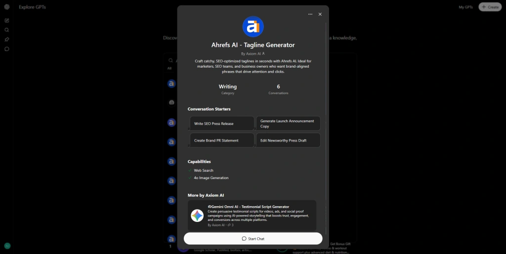 Screenshot of Ahref AI - Tagline Generater GPT on ChatGPT by NogenTech