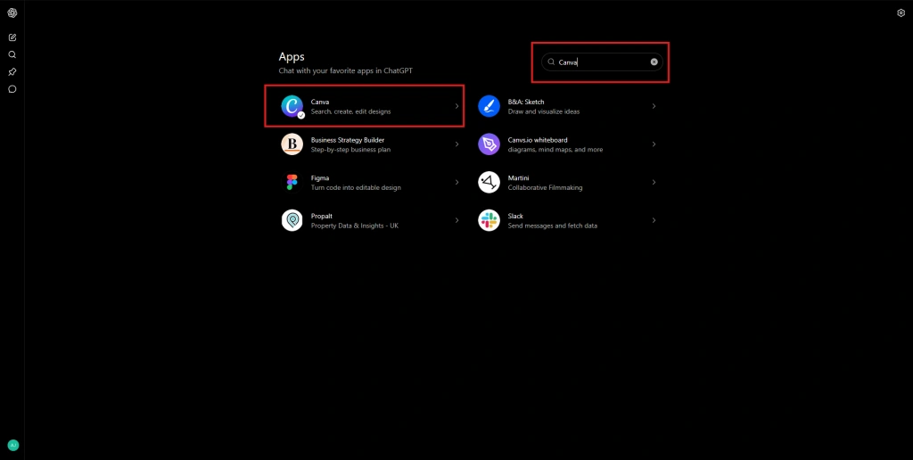 Screenshot of Canva's connector on ChatGPT's Apps section by NogenTech