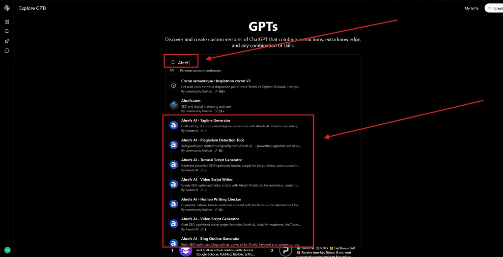 Screenshot of searching for the Ahref connected GPT on ChatGPT's GPT store by NogenTech