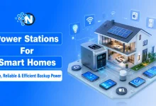 Modern smart home with a portable power station providing safe indoor backup power and connected smart devices.