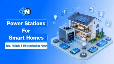 Modern smart home with a portable power station providing safe indoor backup power and connected smart devices.