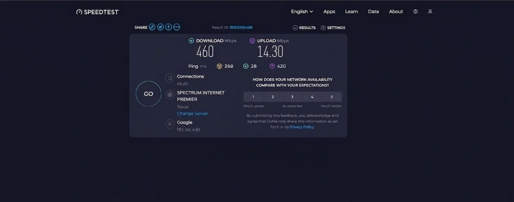 Spectrum Internet Premier speed tested by OOKLA