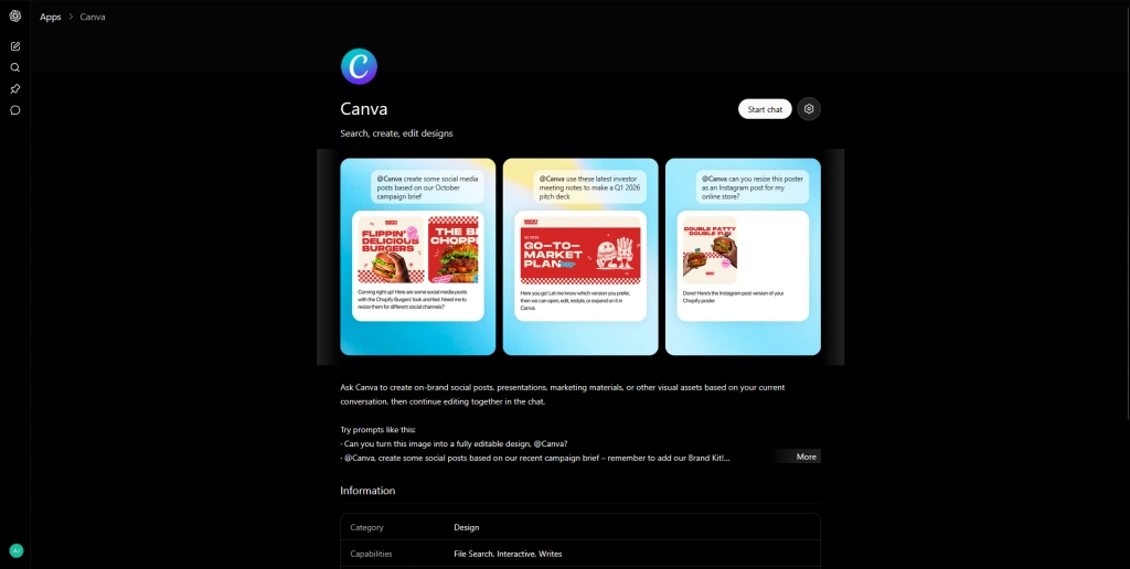 Screenshot of Canva's connector in ChatGPT