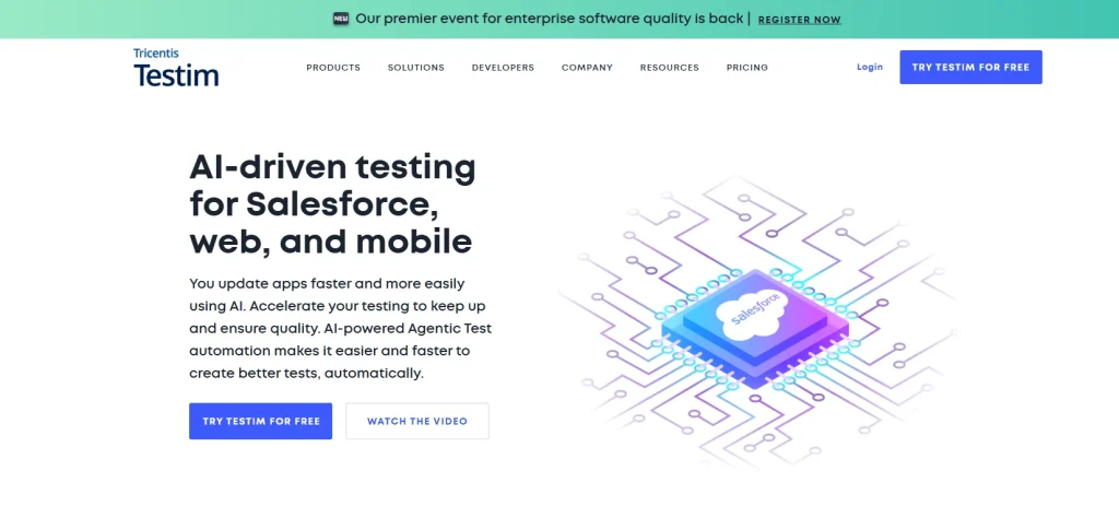 Screenshot of Testim homepage