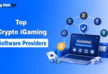 Top Crypto iGaming Software Providers feature image showing a laptop with iGaming software, cryptocurrency icons including Bitcoin and Ethereum, casino elements, and a secure blockchain gaming ecosystem.