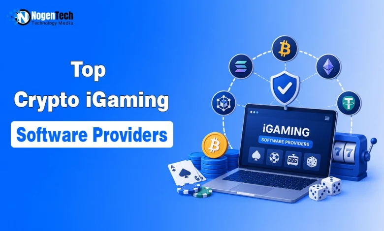 Top Crypto iGaming Software Providers feature image showing a laptop with iGaming software, cryptocurrency icons including Bitcoin and Ethereum, casino elements, and a secure blockchain gaming ecosystem.