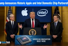Donald Trump at a podium standing between Tim Cook and Pat Gelsinger under an Apple and Intel semiconductor partnership headline.