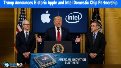 Donald Trump at a podium standing between Tim Cook and Pat Gelsinger under an Apple and Intel semiconductor partnership headline.