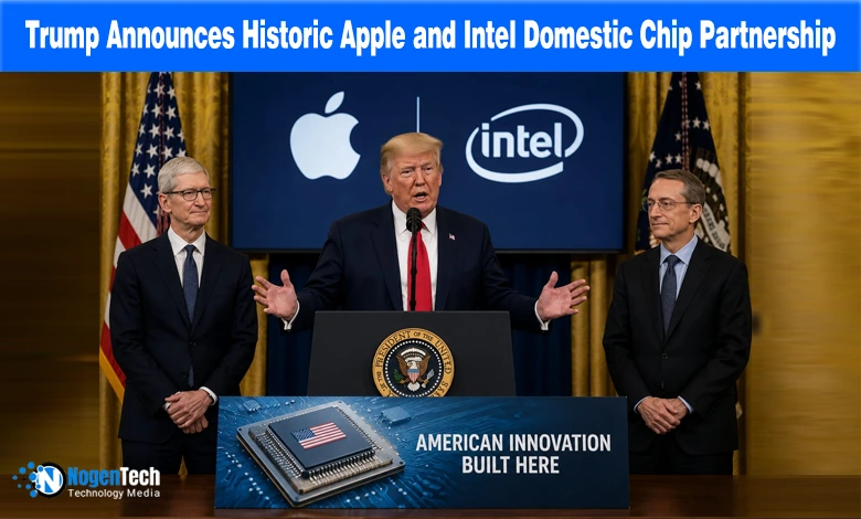 Donald Trump at a podium standing between Tim Cook and Pat Gelsinger under an Apple and Intel semiconductor partnership headline.