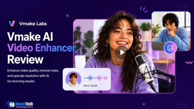 Vmake AI Video Enhancer Review feature banner for NogenTech.
