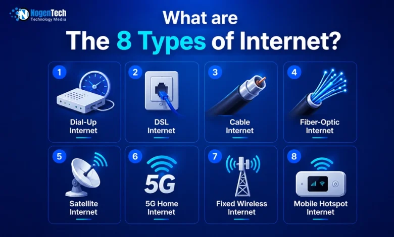 What are the 8 Types of Internet informational infographic banner for NogenTech.