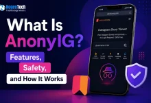 A mobile phone showing a web-based private browsing screen alongside a digital security shield icon on an informational tech banner for nogentech.org.