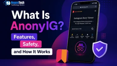 A mobile phone showing a web-based private browsing screen alongside a digital security shield icon on an informational tech banner for nogentech.org.