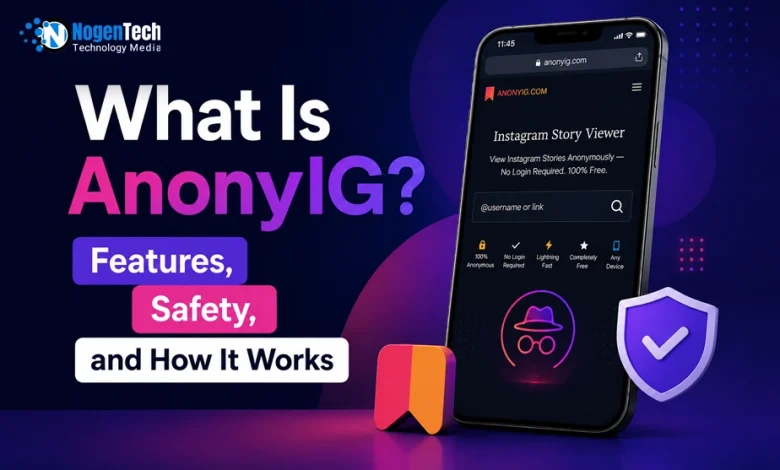 A mobile phone showing a web-based private browsing screen alongside a digital security shield icon on an informational tech banner for nogentech.org.