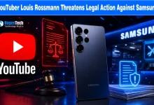 YouTube icon, a smartphone, and a legal gavel in front of a glowing Samsung warranty display on a tech news banner for nogentech.org.