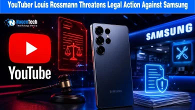 YouTube icon, a smartphone, and a legal gavel in front of a glowing Samsung warranty display on a tech news banner for nogentech.org.
