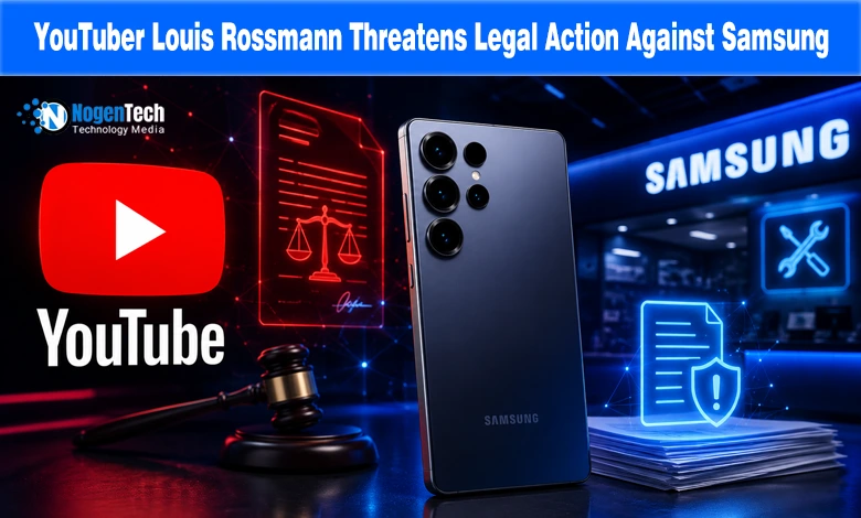 YouTube icon, a smartphone, and a legal gavel in front of a glowing Samsung warranty display on a tech news banner for nogentech.org.