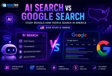 AI Search vs Google Search study infographic comparing user behavior, accuracy, energy consumption, costs, and future search trends in America.