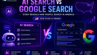 AI Search vs Google Search study infographic comparing user behavior, accuracy, energy consumption, costs, and future search trends in America.