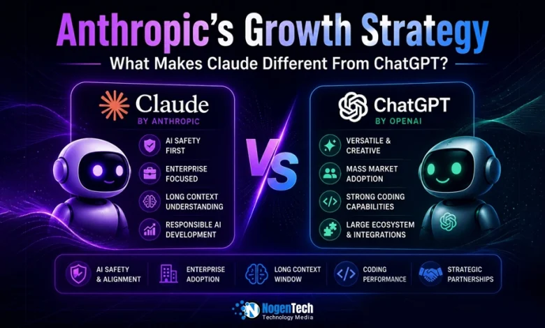 Side-by-side comparison graphics for Claude by Anthropic and ChatGPT by OpenAI on an AI tech banner for nogentech.org.